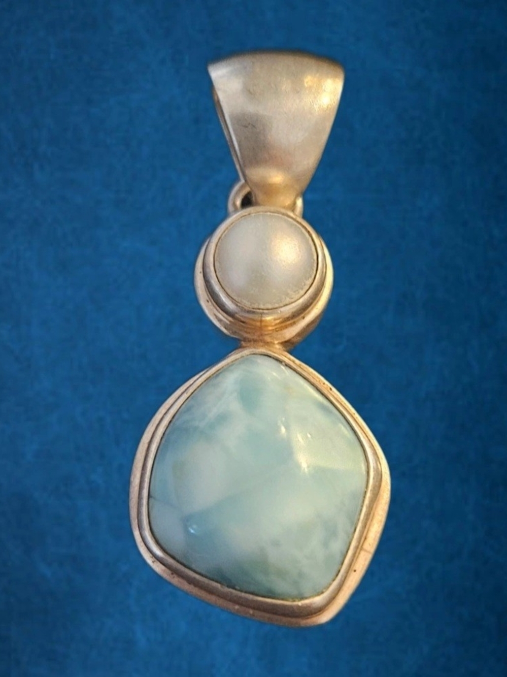 Handcrafted .925 Sterling Silver Larimar and Pearl Stacked Pendant – Artisan - Picture 2 of 4